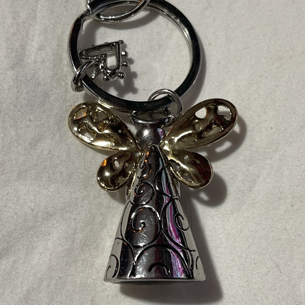Chico's Silver & Gold Tone Metal Engraved Angel w/ Clear Rhinestones Keychain - Picture 4 of 5